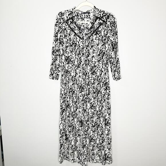 ZARA Womens Dress V-Neck 3/4 Sleeve Midi Length Splatter Pattern Black White S - Picture 2 of 5